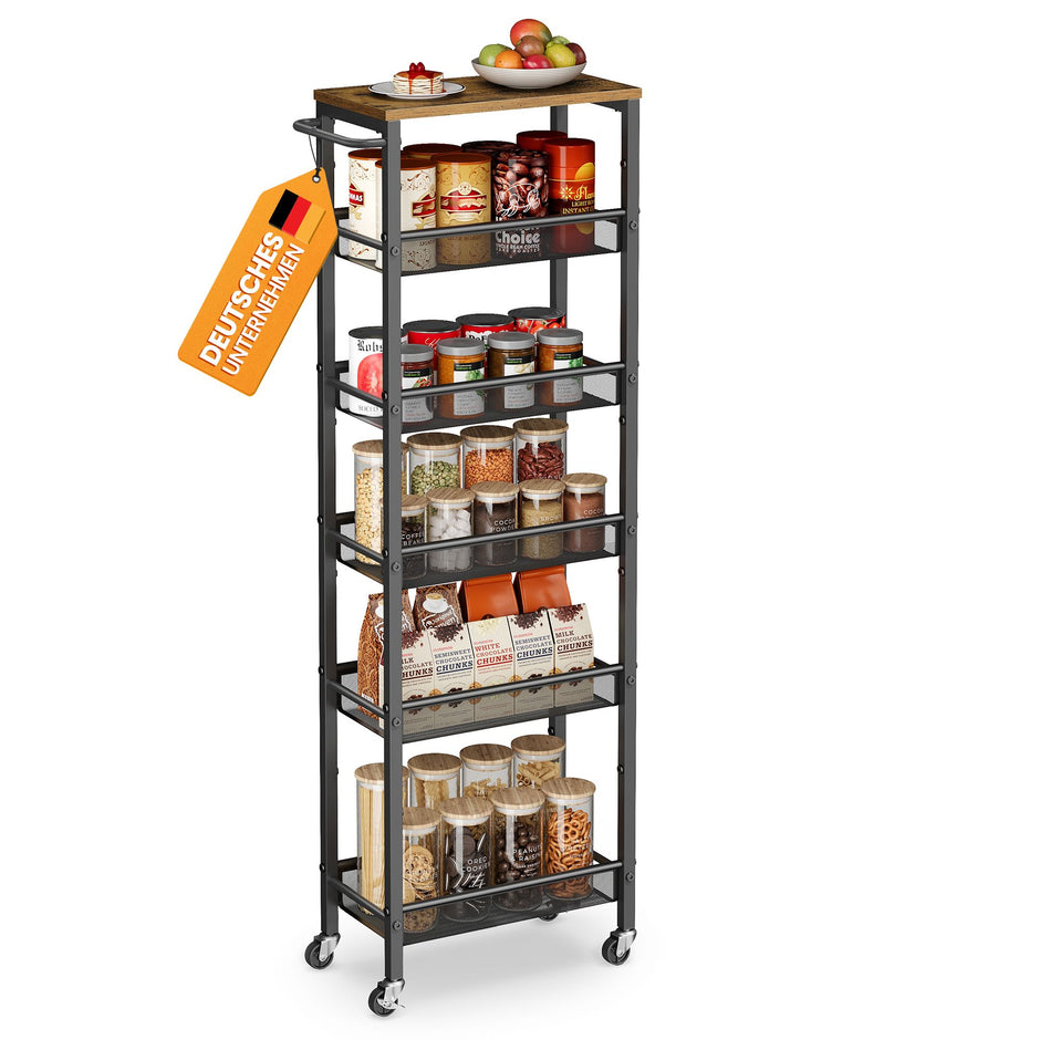 Keukenrolwagen - Smal met Meerdere Ebenen - Rustiek bruin-matzwart - 45,4 x 22 x 131,4 cm