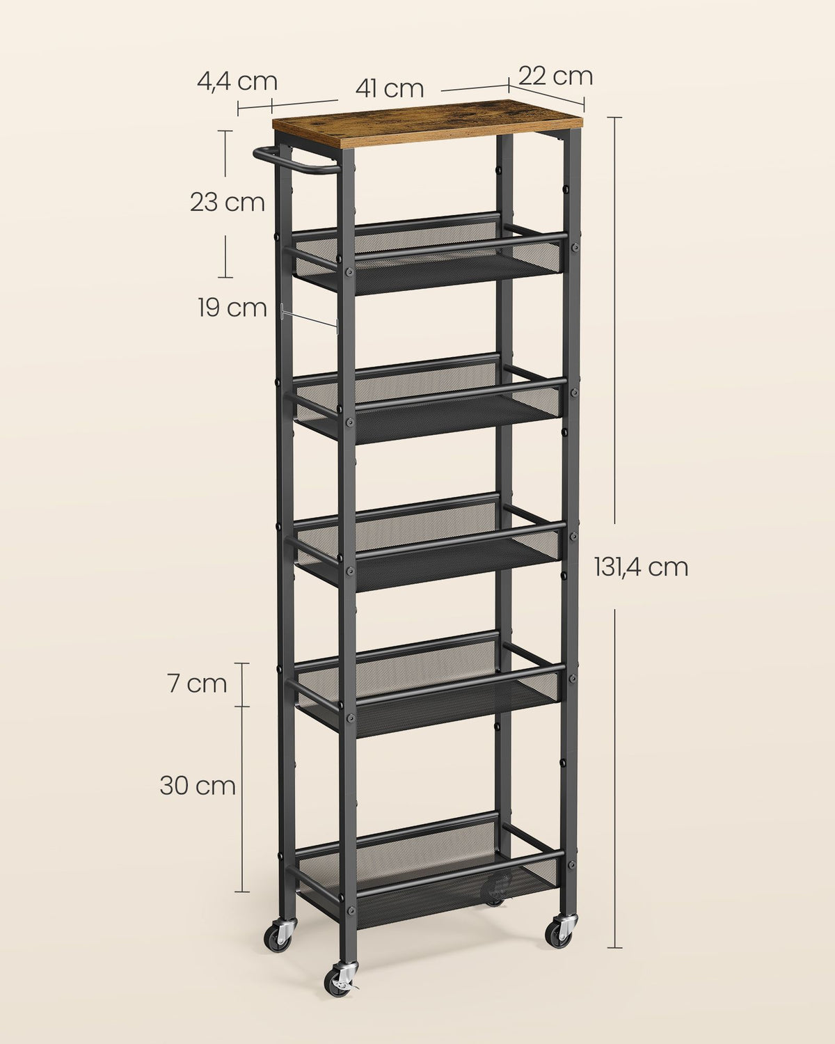 Keukenrolwagen - Smal met Meerdere Ebenen - Rustiek bruin-matzwart - 45,4 x 22 x 131,4 cm