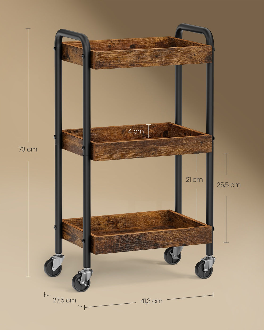 Trolley - 27,5 x 41,3 x 73 cm - Vintage bruin - Staal, MDF - Maximale belasting per plank 10 kg
