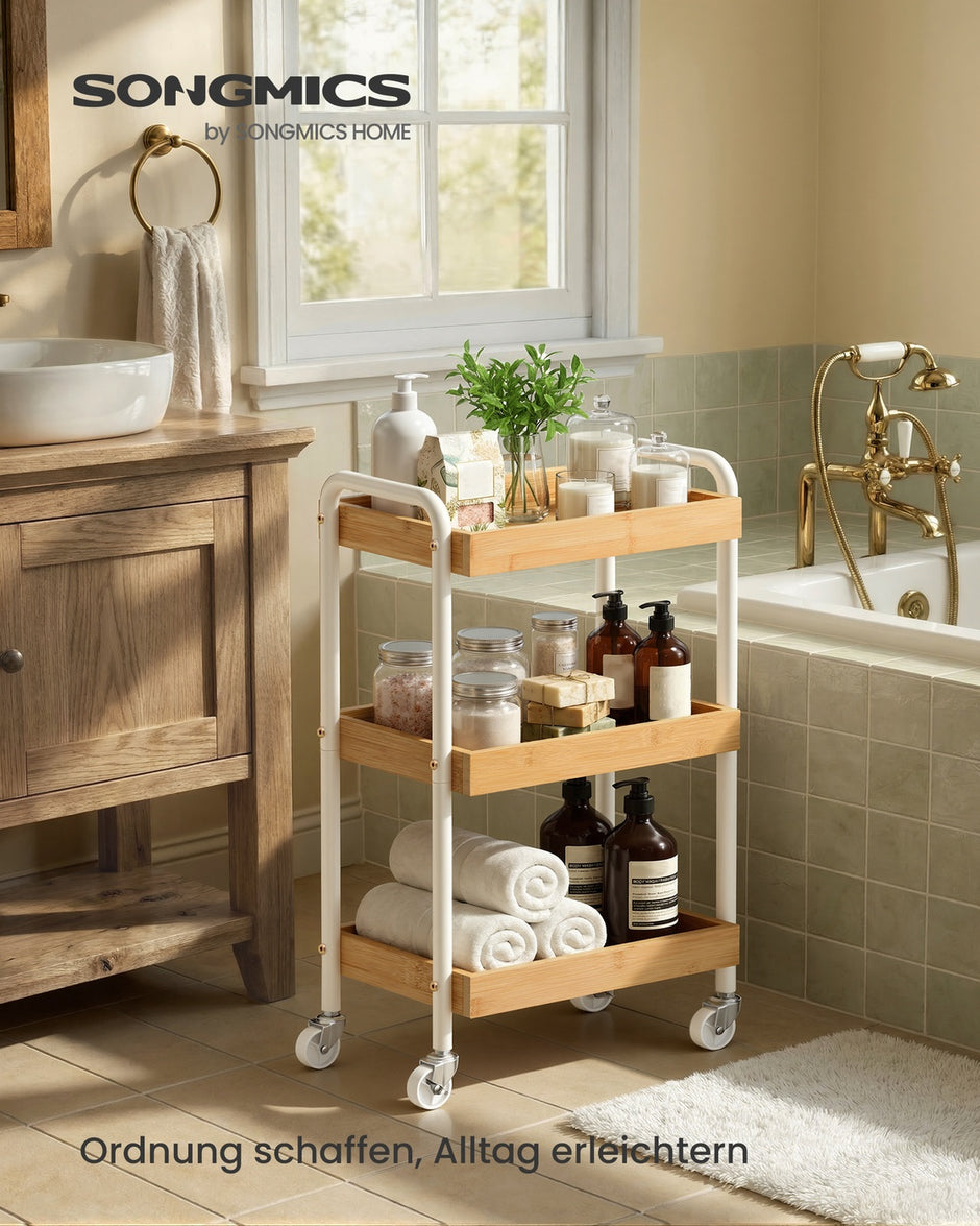 Rolwagen - 27,5 x 41,3 x 73 cm - Stalen frame - Natuurlijk beige - Maximale belasting per plank: 10 kg