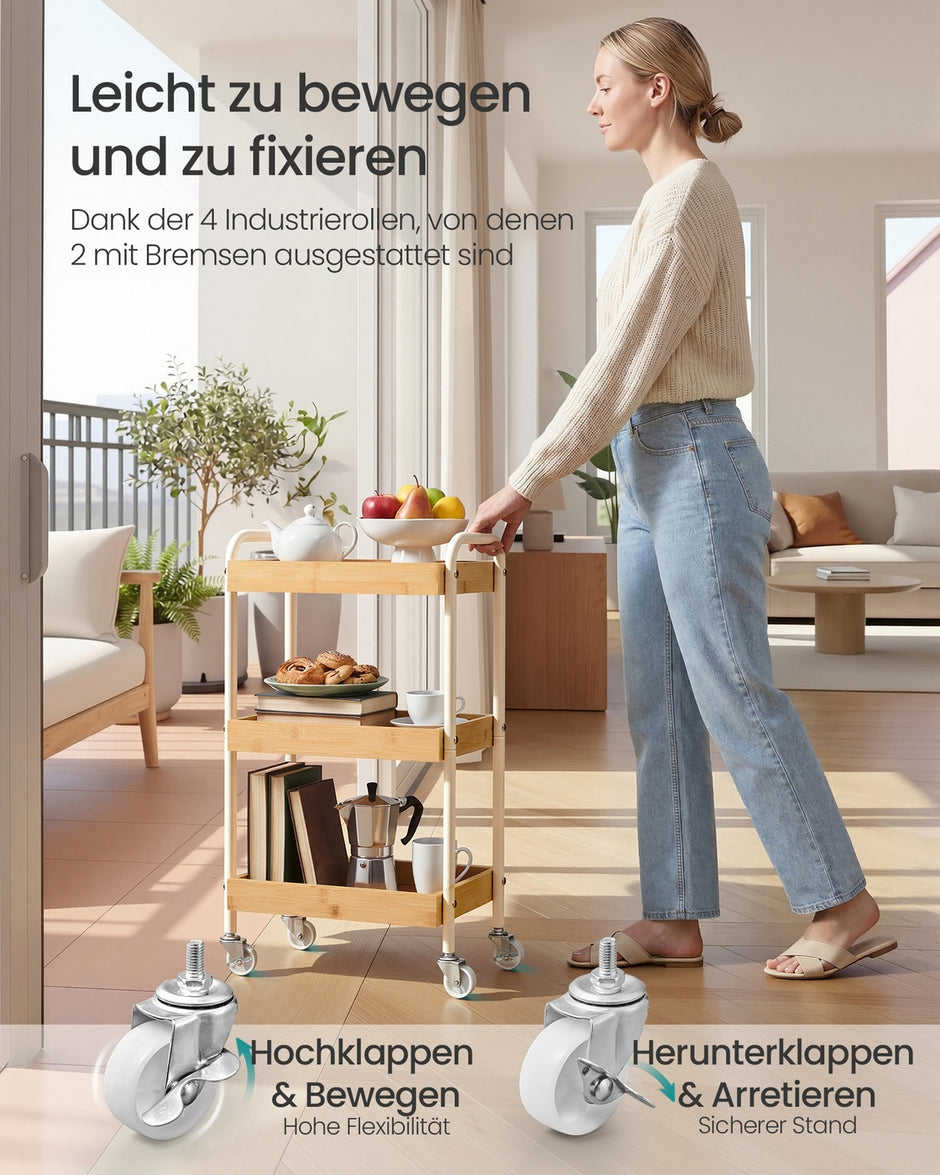 Rolwagen - 27,5 x 41,3 x 73 cm - Stalen frame - Natuurlijk beige - Maximale belasting per plank: 10 kg