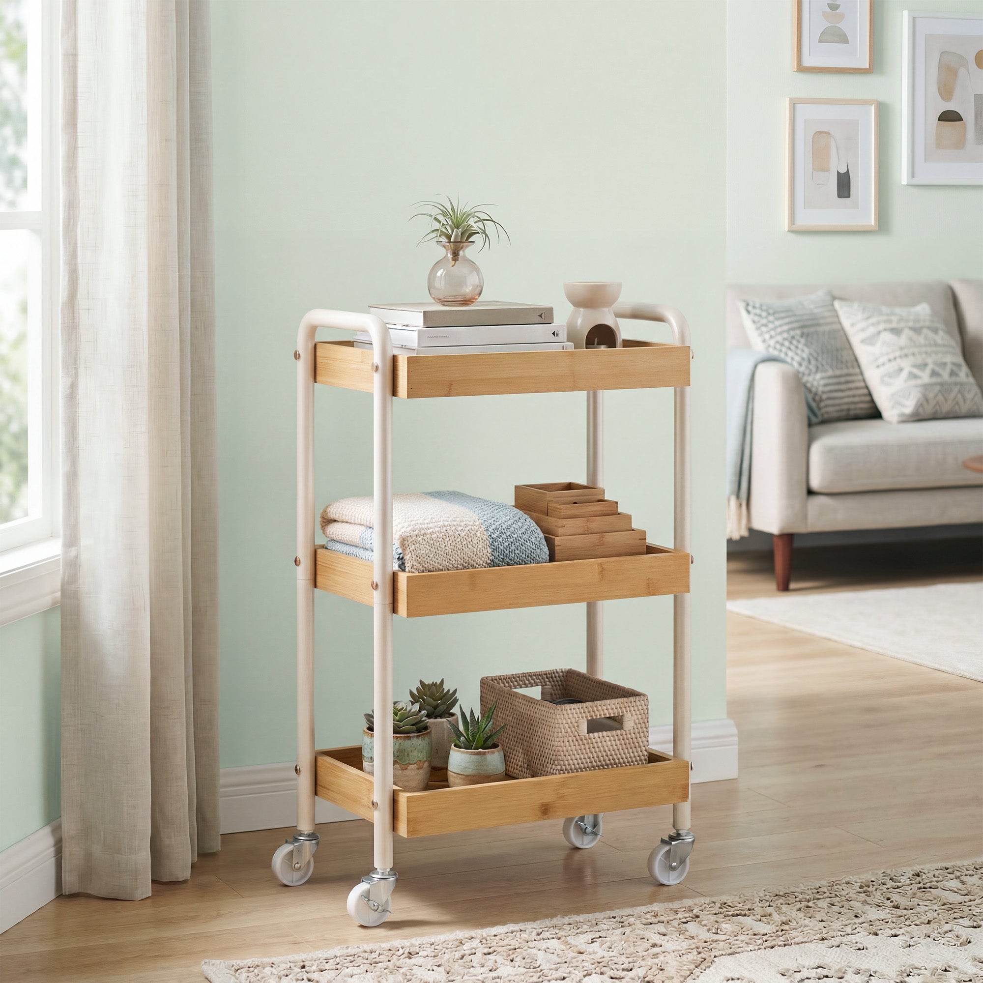 Serveertrolley - 3 Etages - Bamboe - Met Handgrepen - Beige