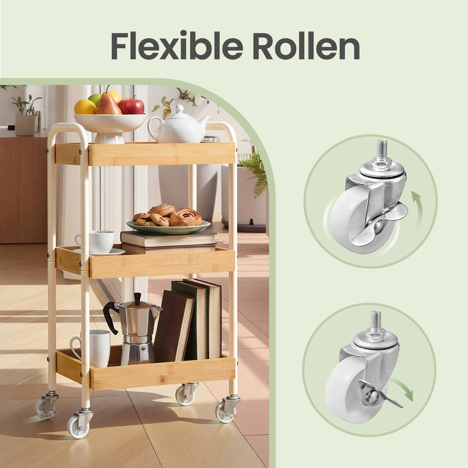 Serveertrolley - 3 Etages - Bamboe - Met Handgrepen - Beige