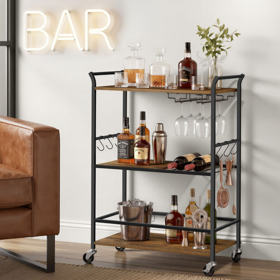 Serveerwagen - Met Wijnrek en Glashouder - Industrieel Design - Rustiek bruin-matzwart - 64,5 x 32 x 85,5 cm