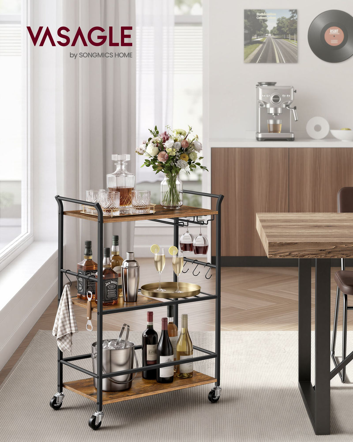 Serveerwagen - Met Wijnrek en Glashouder - Industrieel Design - Rustiek bruin-matzwart - 64,5 x 32 x 85,5 cm