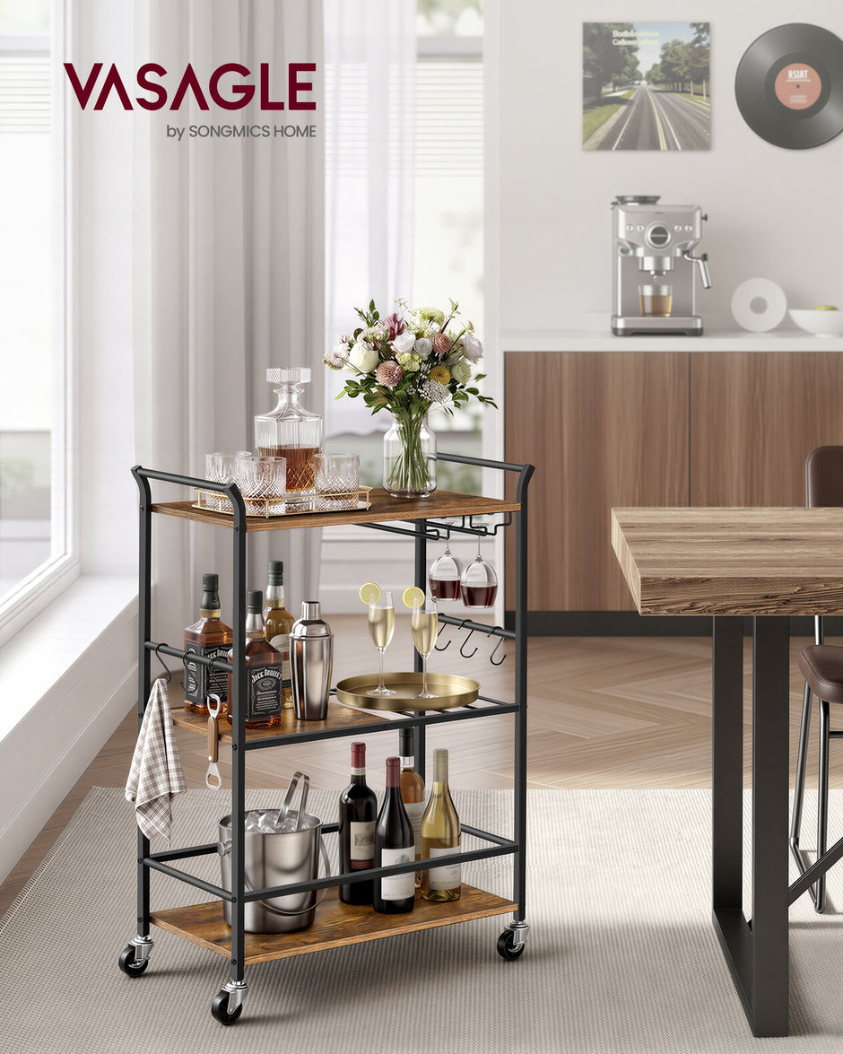 Serveerwagen - Met Wijnrek en Glashouder - Industrieel Design - Rustiek bruin-matzwart - 64,5 x 32 x 85,5 cm