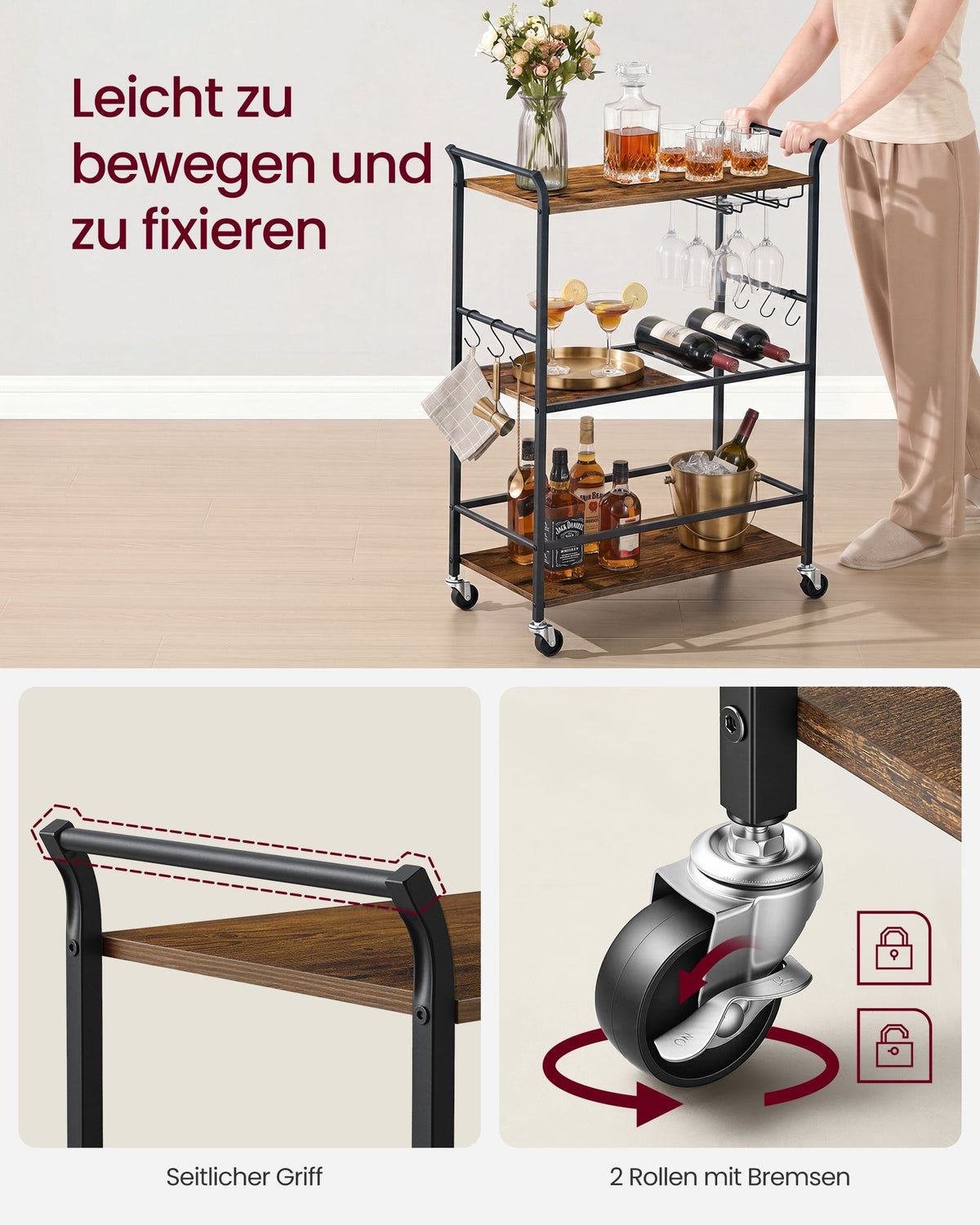 Serveerwagen - Met Wijnrek en Glashouder - Industrieel Design - Rustiek bruin-matzwart - 64,5 x 32 x 85,5 cm