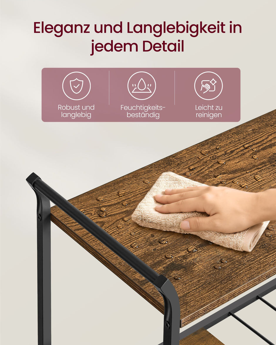 Serveerwagen - Met Wijnrek en Glashouder - Industrieel Design - Rustiek bruin-matzwart - 64,5 x 32 x 85,5 cm