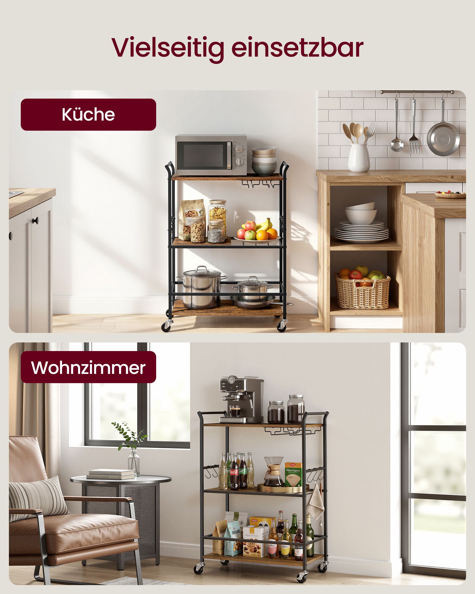 Serveerwagen - Met Wijnrek en Glashouder - Industrieel Design - Rustiek bruin-matzwart - 64,5 x 32 x 85,5 cm