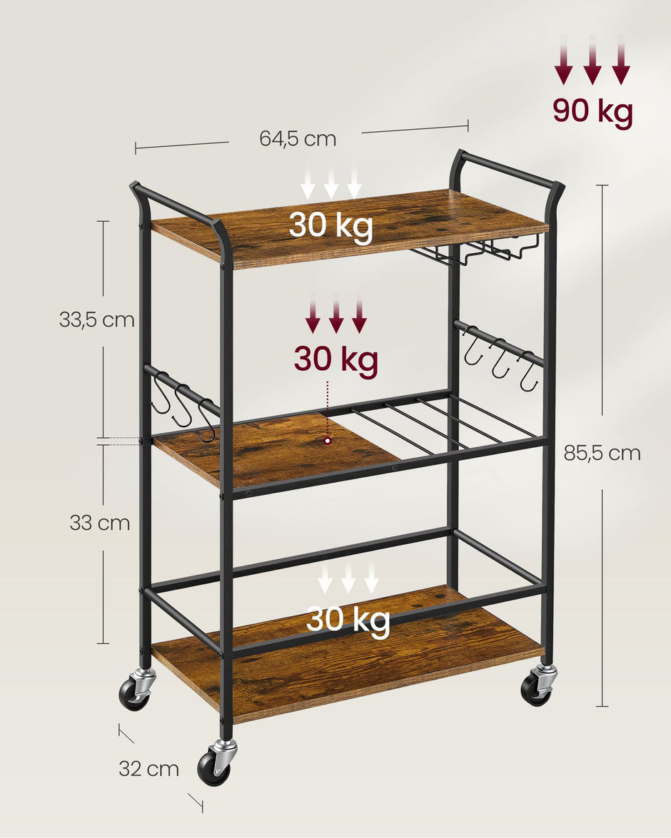 Serveerwagen - Met Wijnrek en Glashouder - Industrieel Design - Rustiek bruin-matzwart - 64,5 x 32 x 85,5 cm