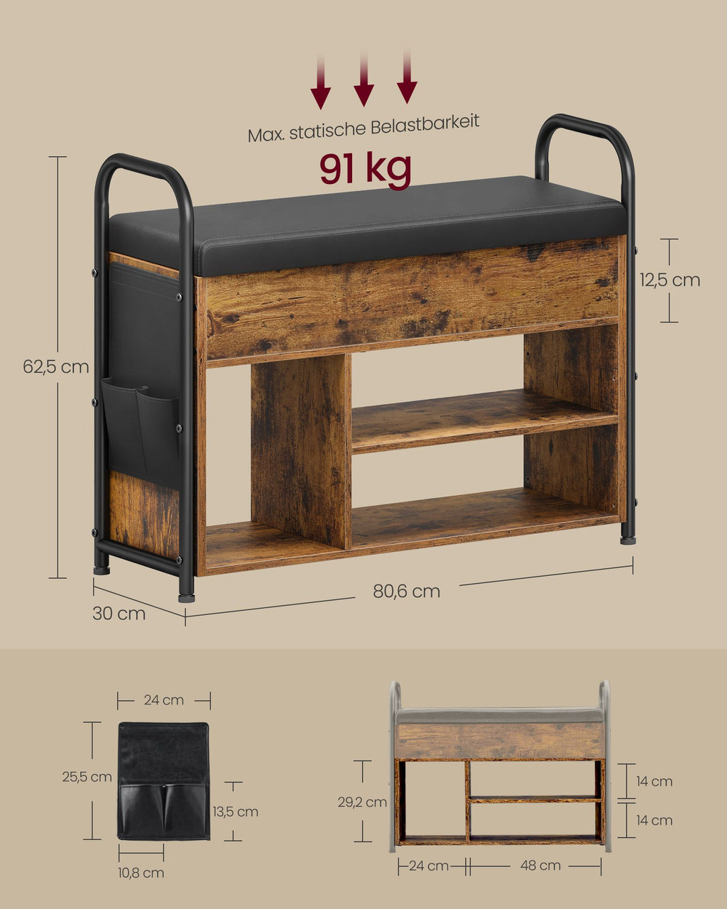 Schuhbank - mit Sitzgelegenheiten und Griffen - 80,6 cm breit