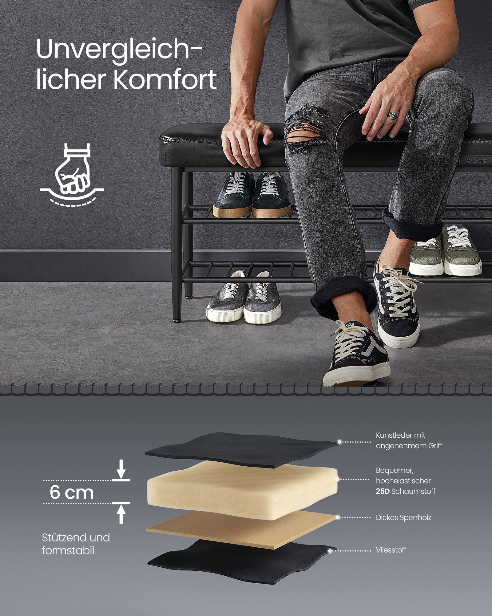 Schuhbank mit Nähten 30 x 100 x 50 cm Tinte schwarz