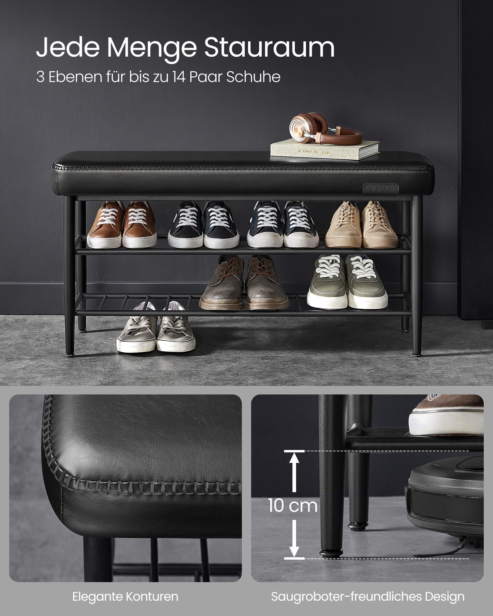 Schuhbank mit Nähten 30 x 100 x 50 cm Tinte schwarz
