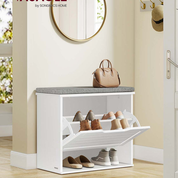 Schoenenbank – Wolkenwit en Duifgrijs – Met opklapbaar vak – 30 x 60 x 53,5 cm