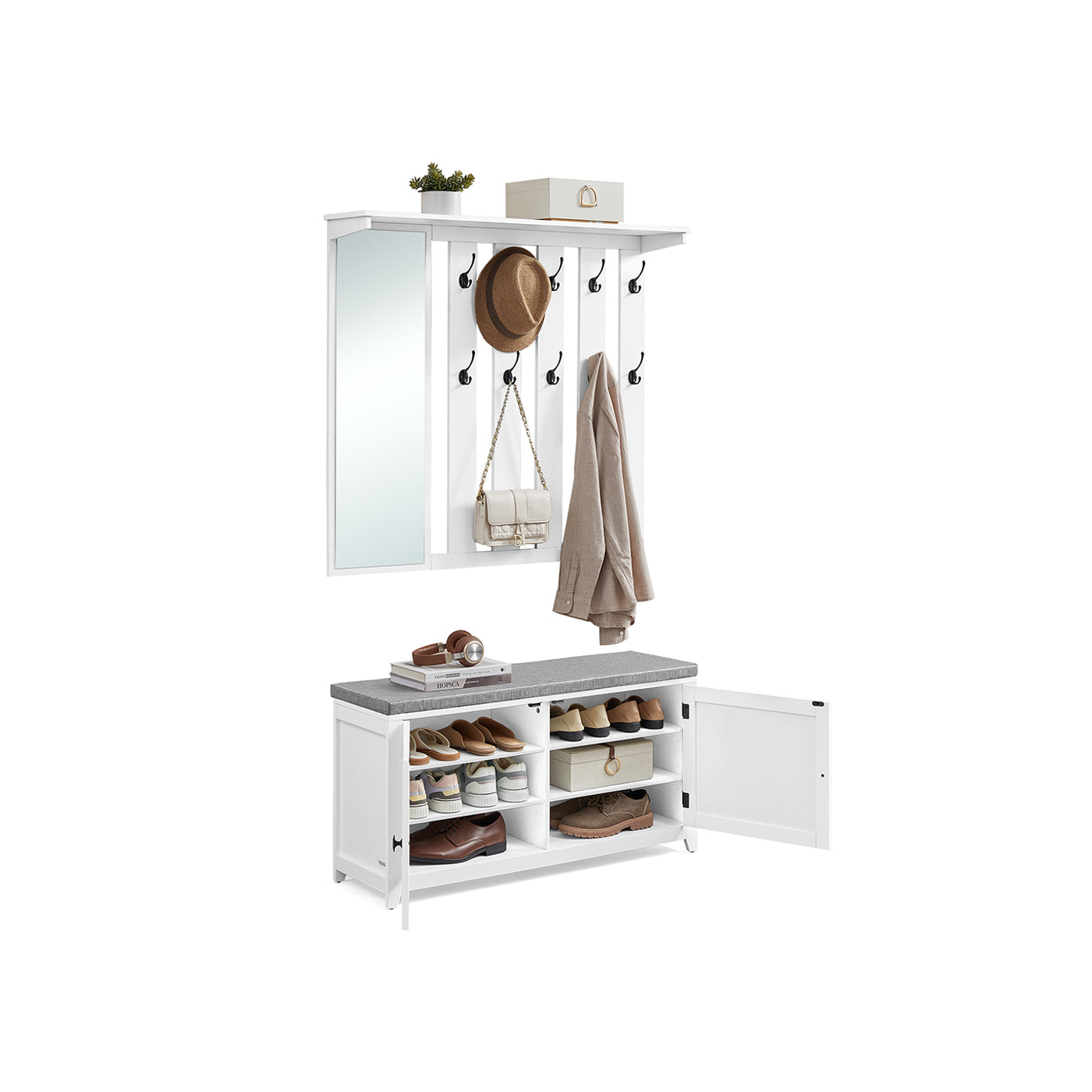 Schuhbank Wandtellack Set mit 10 Doppelhaken 102 cm breit