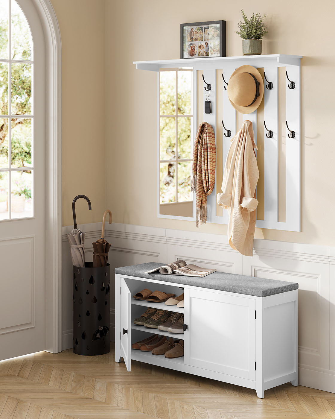 Schuhbank Wandtellack Set mit 10 Doppelhaken 102 cm breit