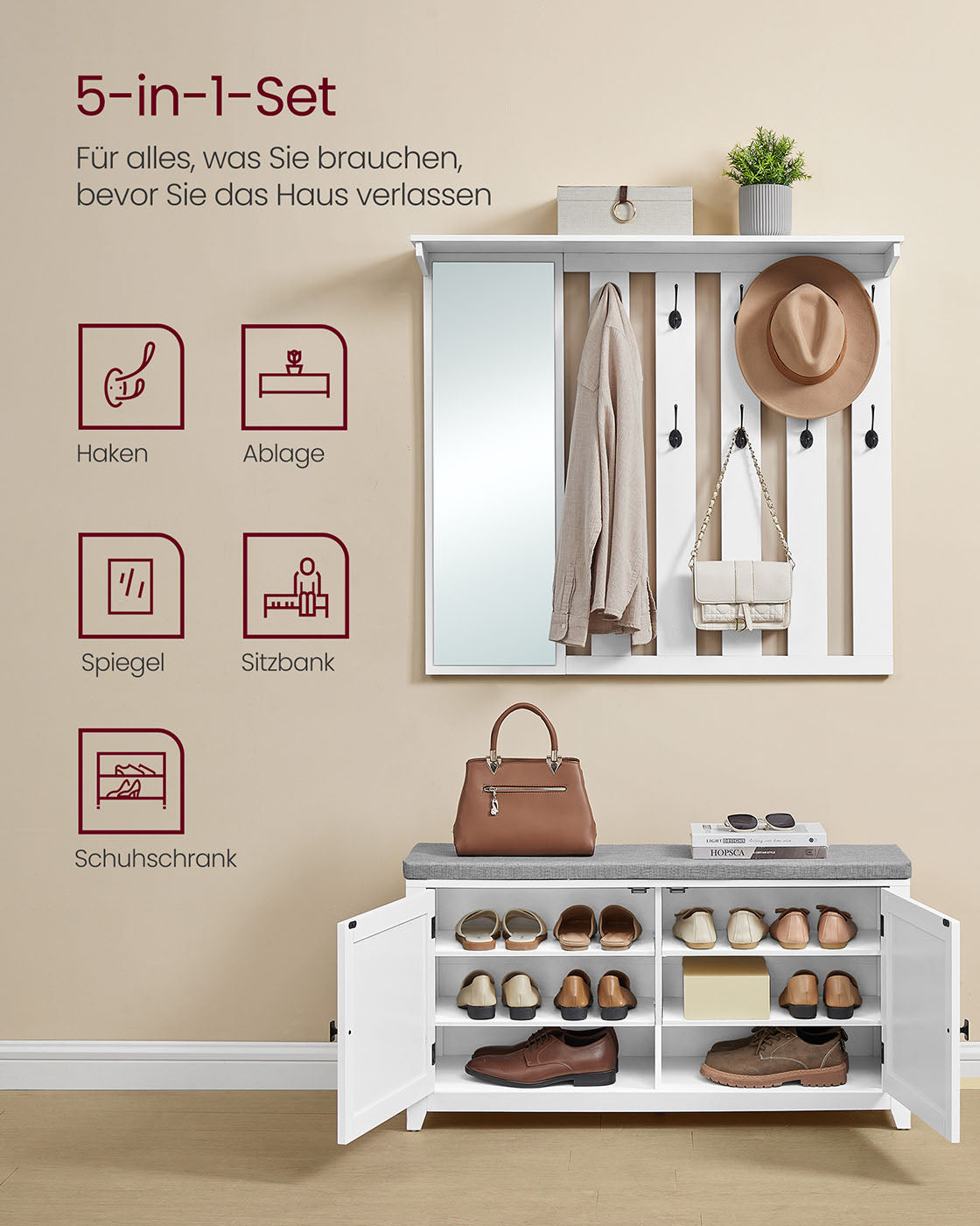 Schuhbank Wandtellack Set mit 10 Doppelhaken 102 cm breit