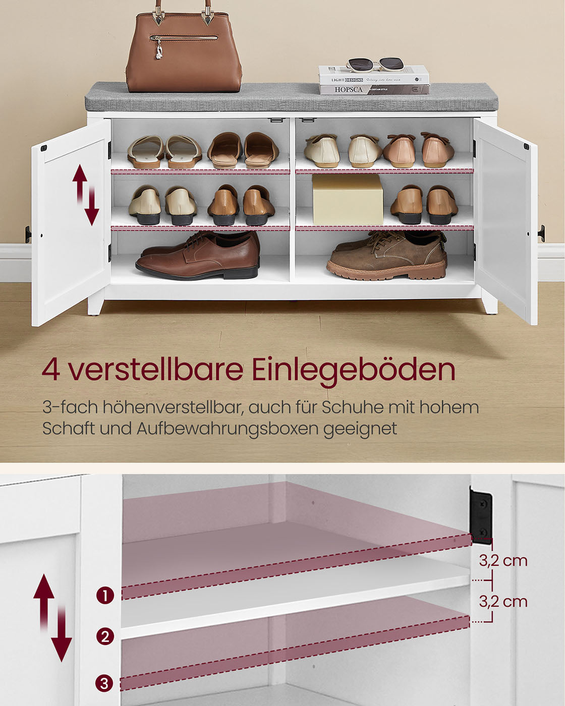 Schuhbank Wandtellack Set mit 10 Doppelhaken 102 cm breit
