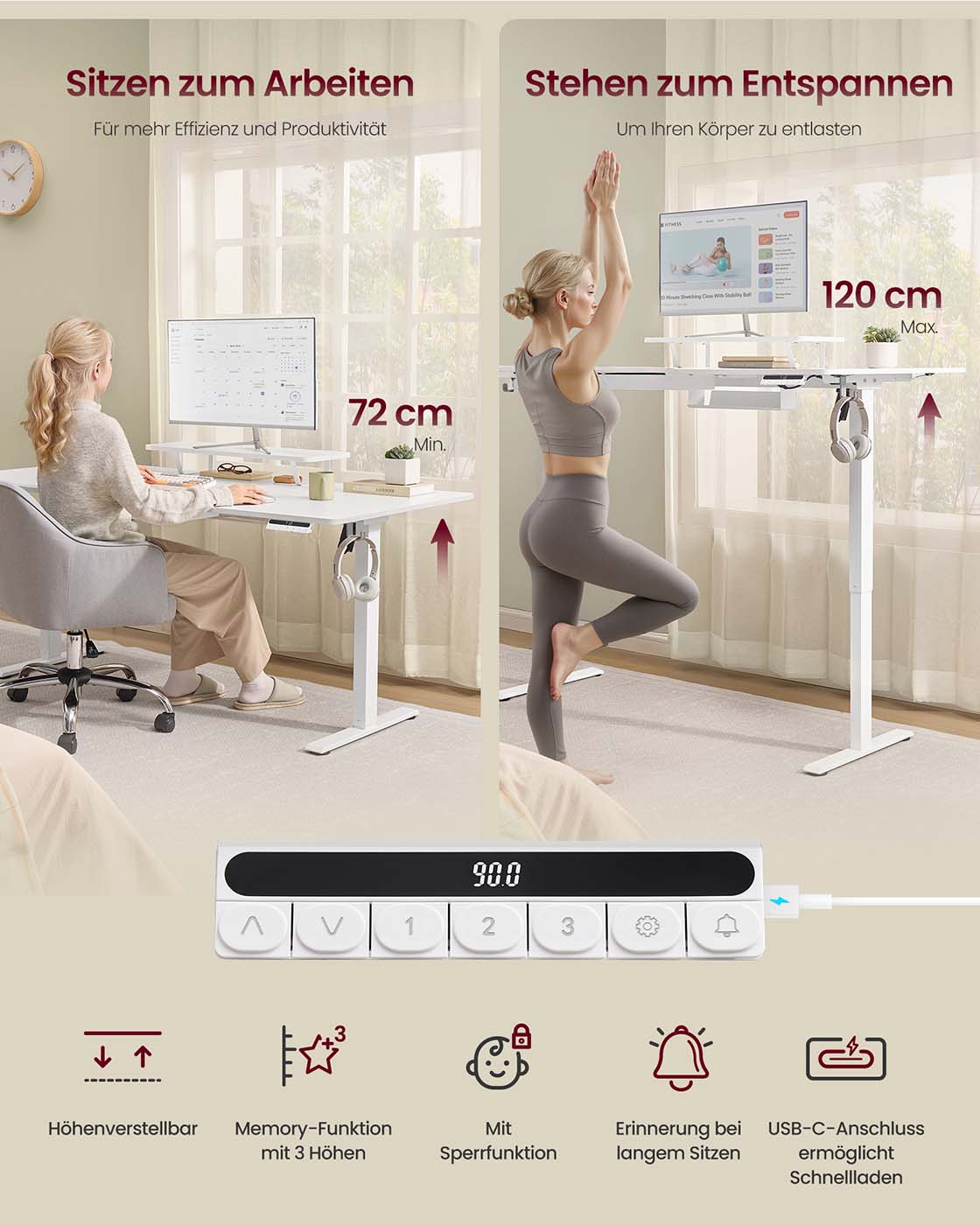 Bureau – In Hoogte Verstelbaar – Monitorstandaard en USB – Werkplek