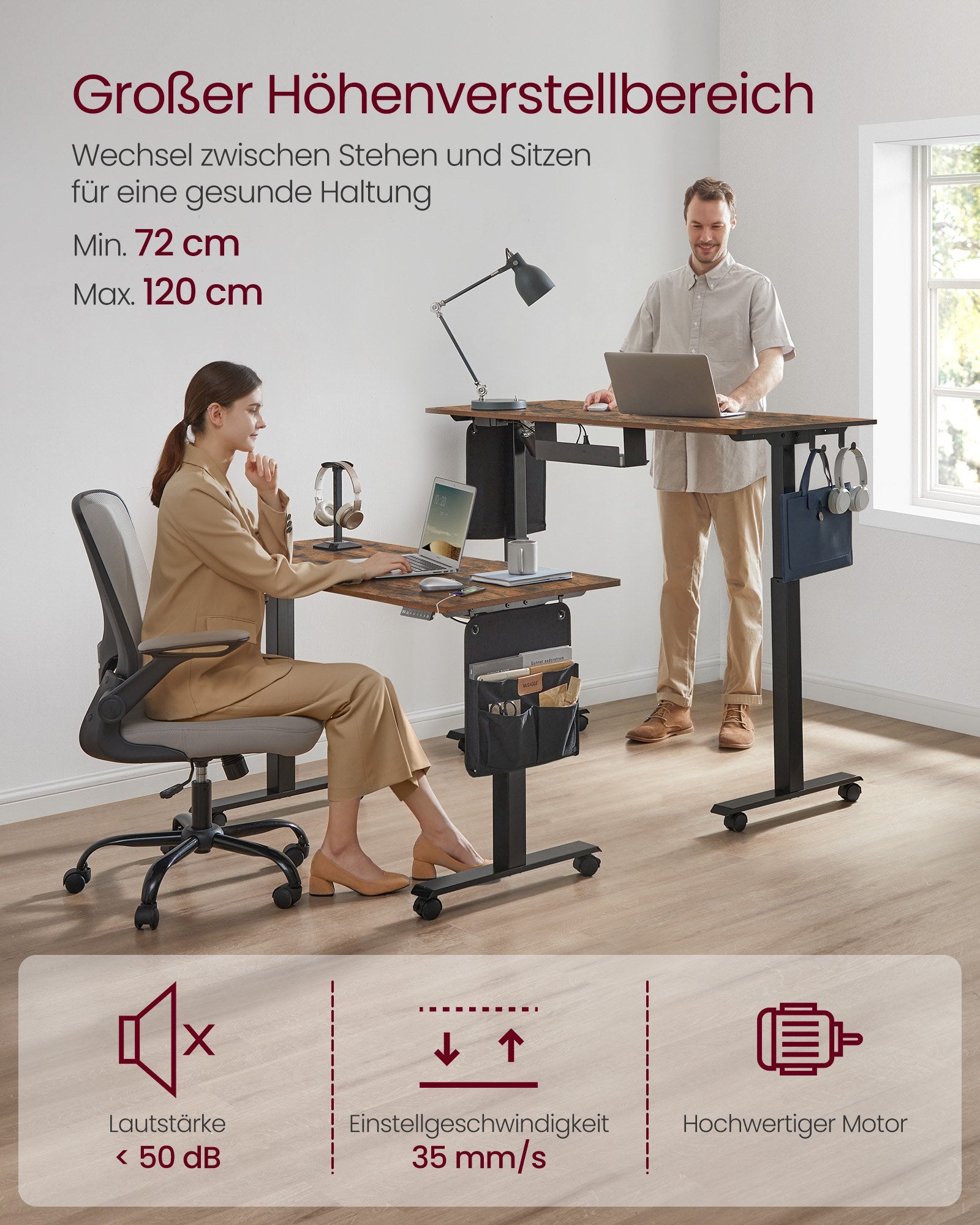 Elektrisch Zit-Sta Bureau - 140 x 60 cm - 4 Geheugenstanden - Vintage Bruin