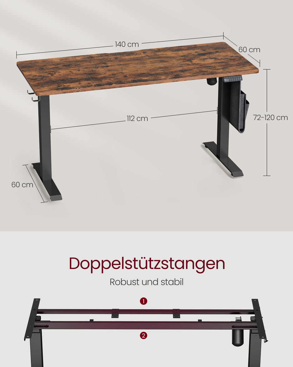 Elektrisch Zit-Sta Bureau - 140 x 60 cm - 4 Geheugenstanden - Vintage Bruin