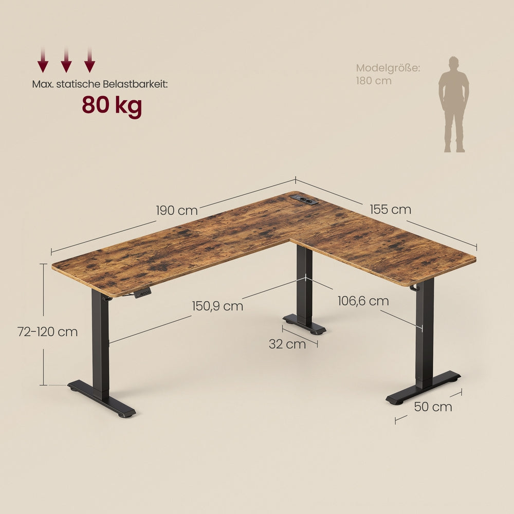 Bureau - 190 x 155 x (72-120) cm - L-vormig - in hoogte verstelbaar - vintage bruin - 80 kg maximaal gewicht