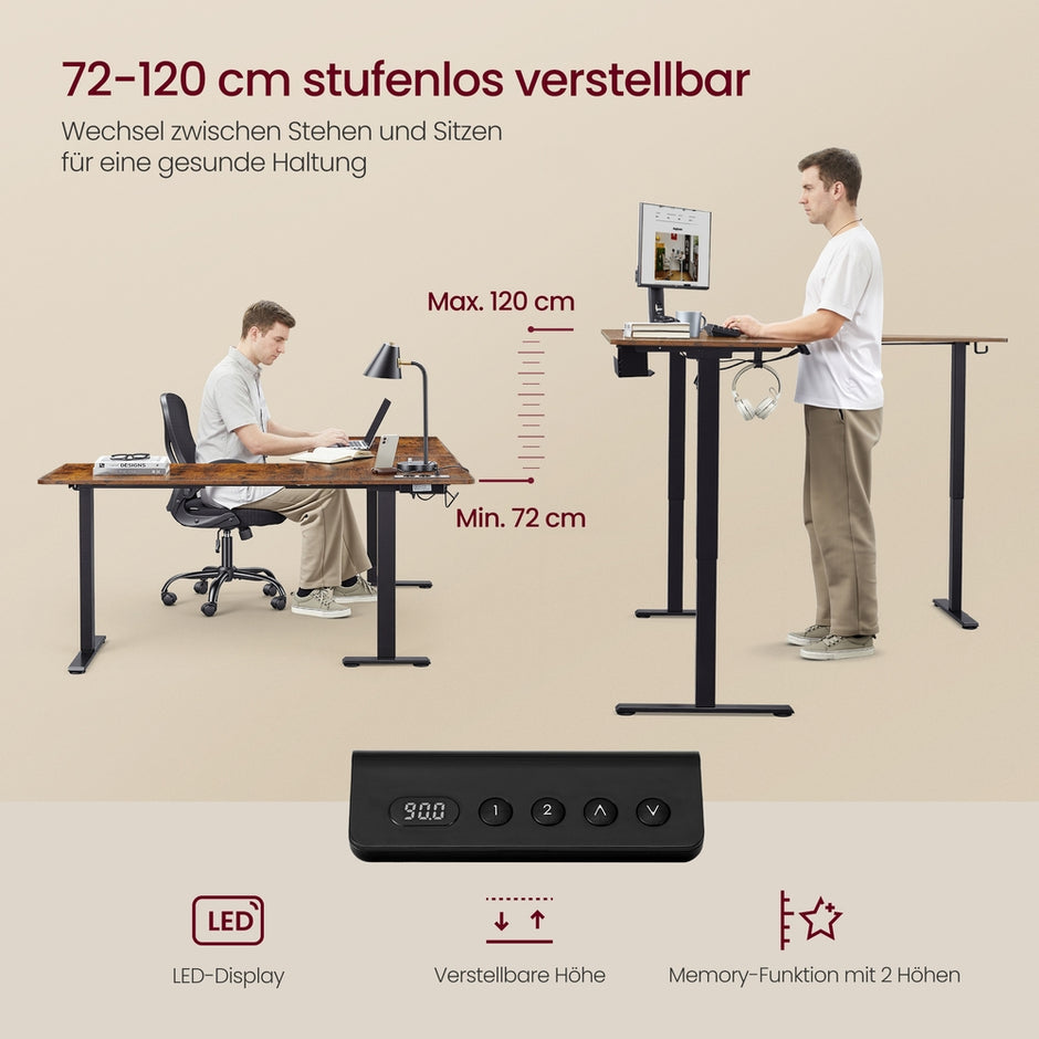 Bureau - 190 x 155 x (72-120) cm - L-vormig - in hoogte verstelbaar - vintage bruin - 80 kg maximaal gewicht