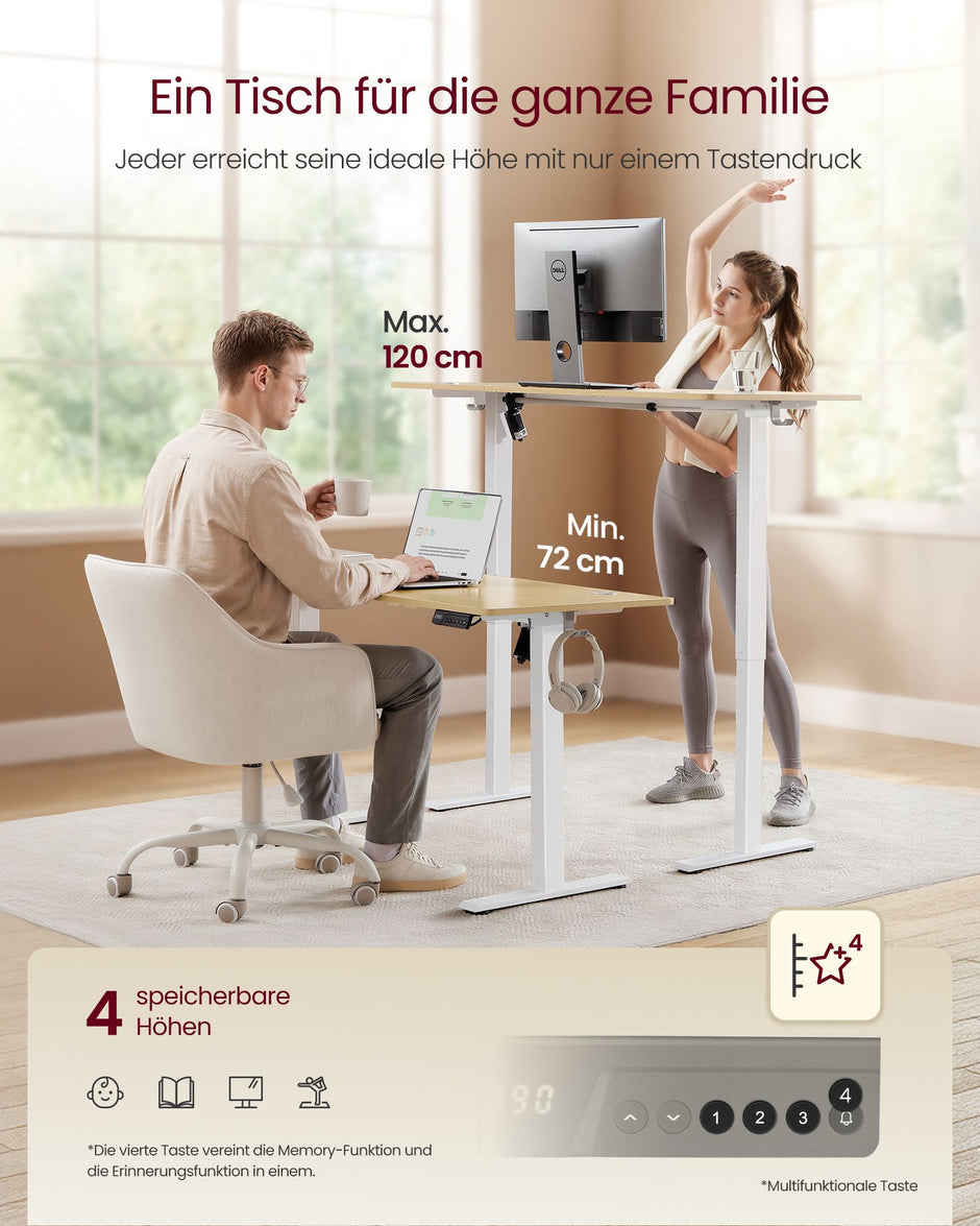 Elektrisch Zit-Sta Bureau – 100 x 60 cm – 4 Geheugenstanden – Zitherinnering – Goudeiken en Matwit