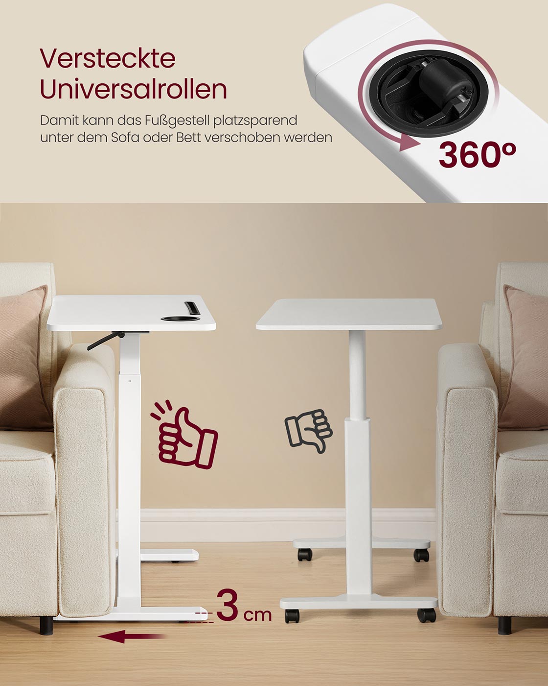 Seitentisch - Mobile - Räder - Tassenhalter