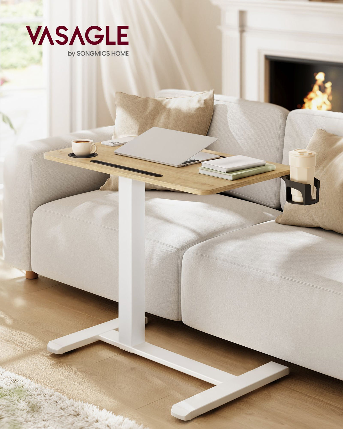 Bijzettafel - Mobiel met Wielen en Bekerhouders - Eikenkleurig-matwit - 70 x 40 x (65-102) cm