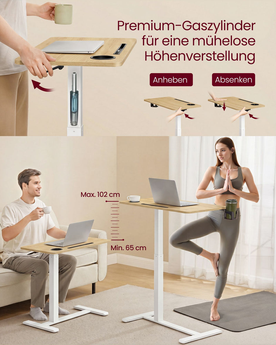 Bijzettafel - Mobiel met Wielen en Bekerhouders - Eikenkleurig-matwit - 70 x 40 x (65-102) cm