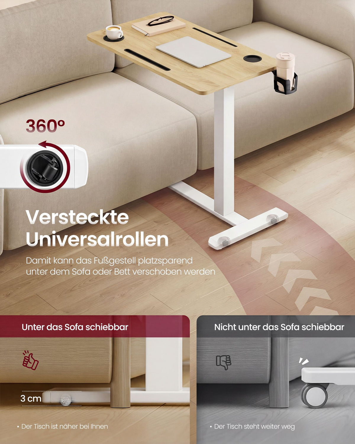 Bijzettafel - Mobiel met Wielen en Bekerhouders - Eikenkleurig-matwit - 70 x 40 x (65-102) cm