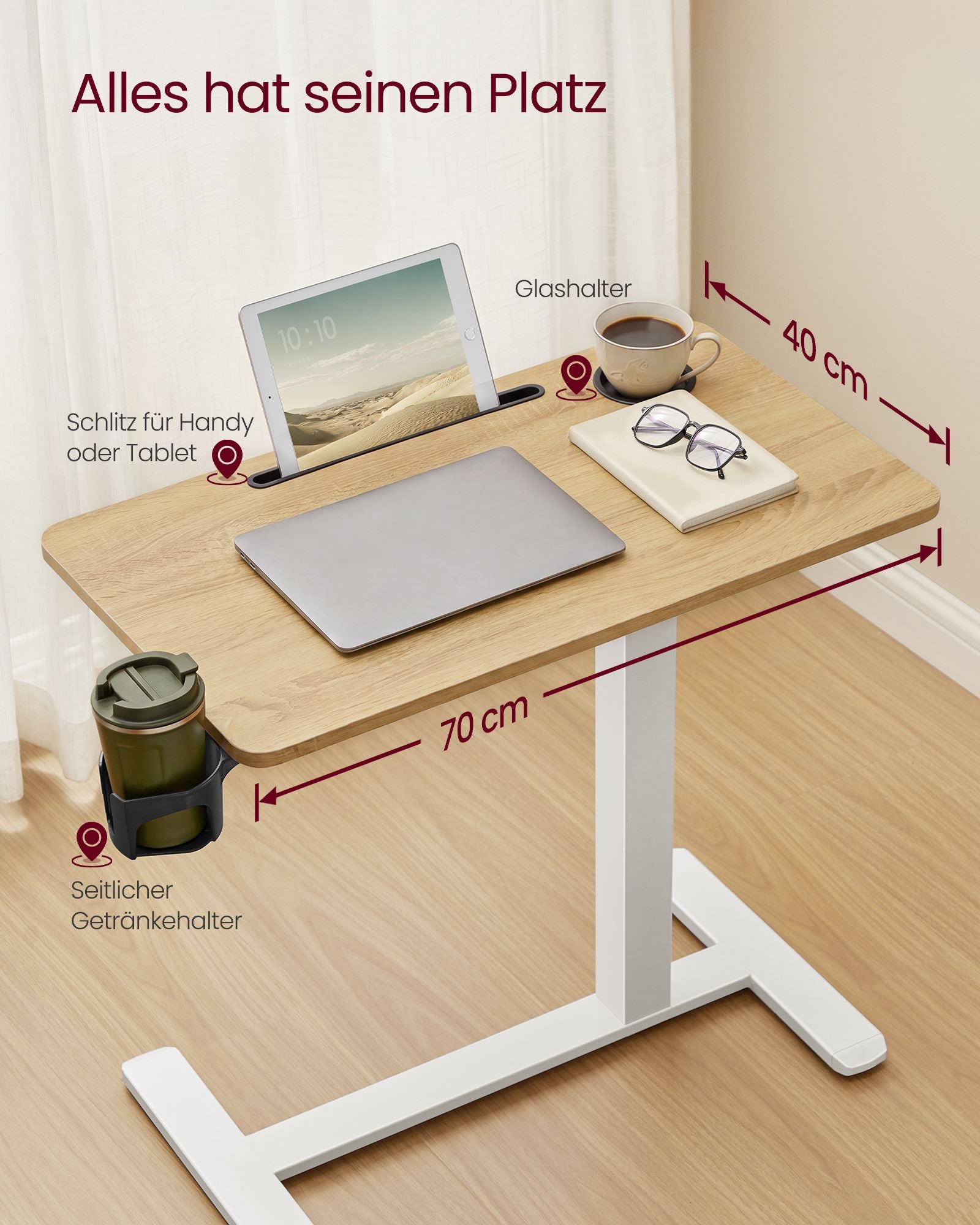 Bijzettafel - Mobiel met Wielen en Bekerhouders - Eikenkleurig-matwit - 70 x 40 x (65-102) cm