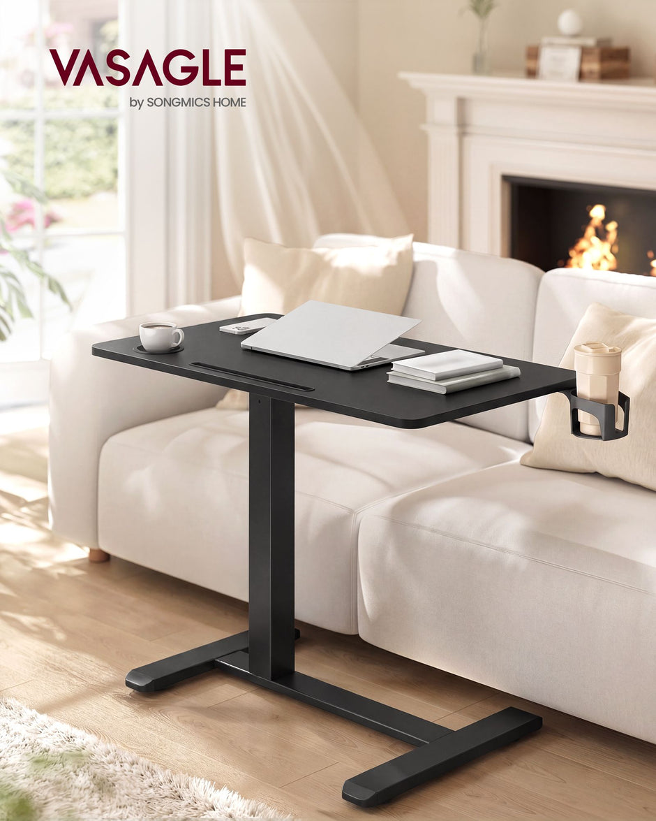 Bijzettafel - Mobiel met Wielen en Bekerhouders - Zwart - 80 x 45 x (65-102) cm