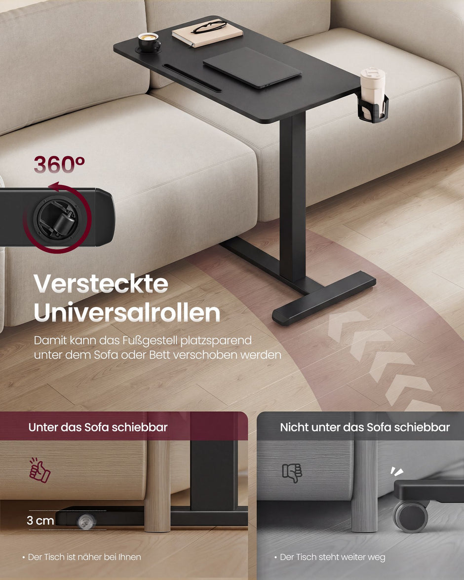 Bijzettafel - Mobiel met Wielen en Bekerhouders - Zwart - 80 x 45 x (65-102) cm