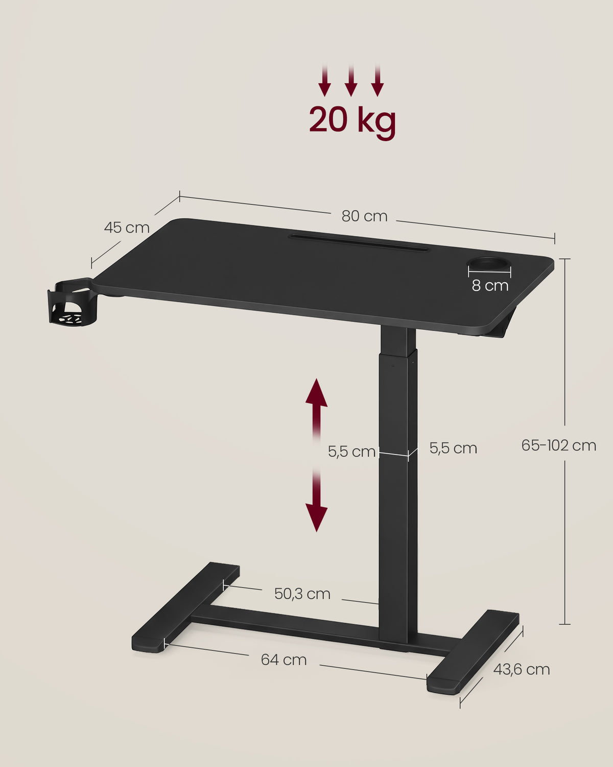 Bijzettafel - Mobiel met Wielen en Bekerhouders - Zwart - 80 x 45 x (65-102) cm