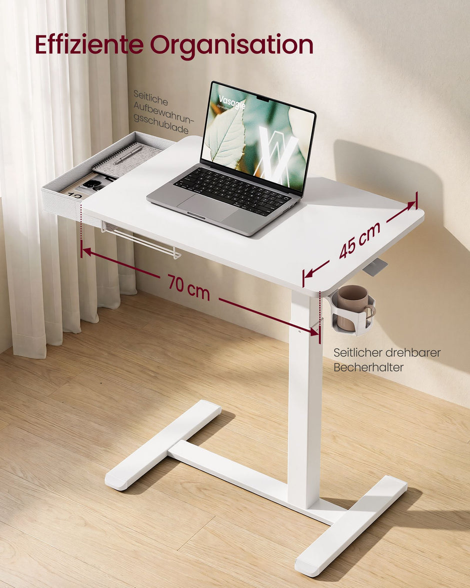 Verrijdbare Laptoptafel – In Hoogte Verstelbaar 65-102 cm – Lade en Bekerhouder – Wit