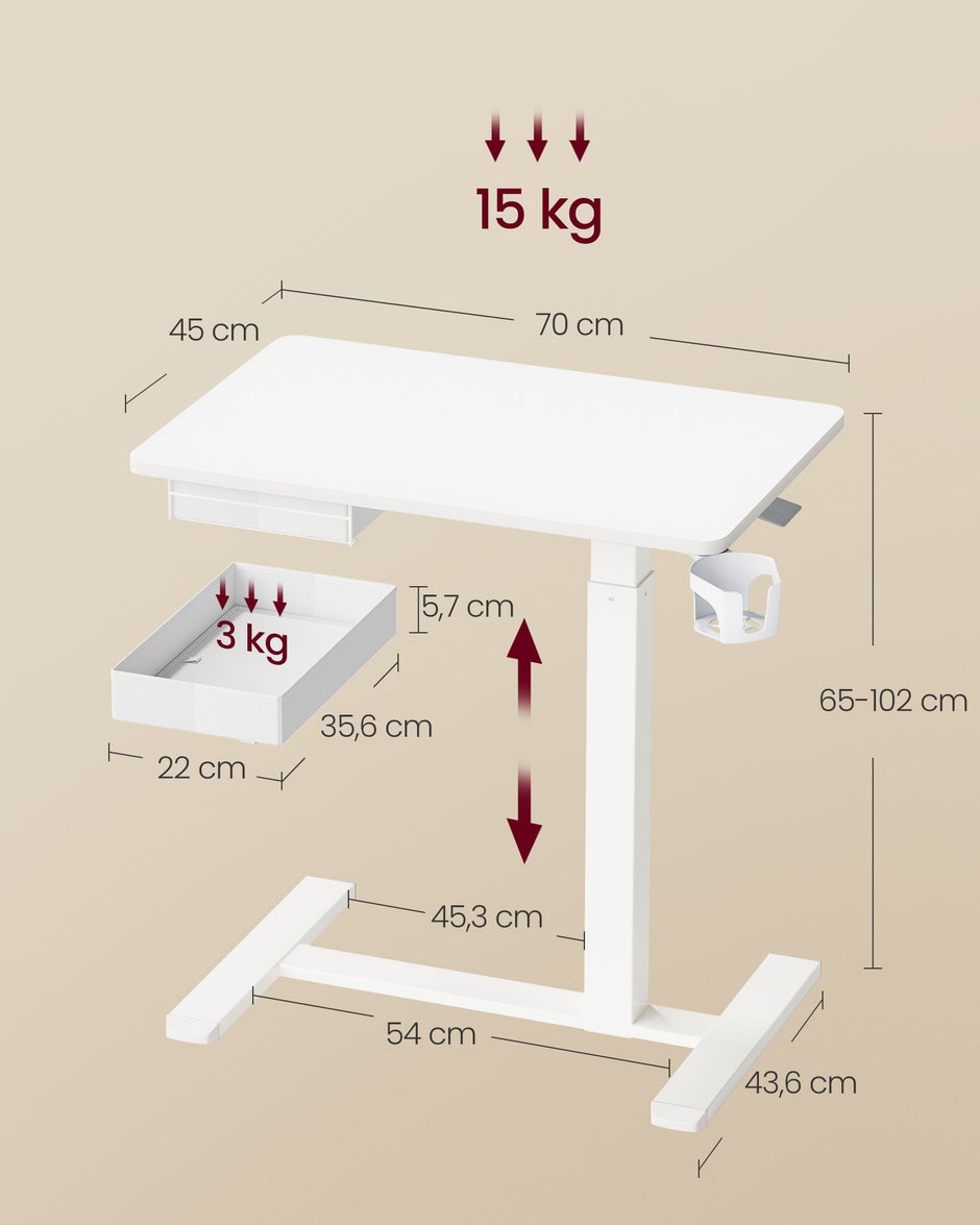 Verrijdbare Laptoptafel – In Hoogte Verstelbaar 65-102 cm – Lade en Bekerhouder – Wit