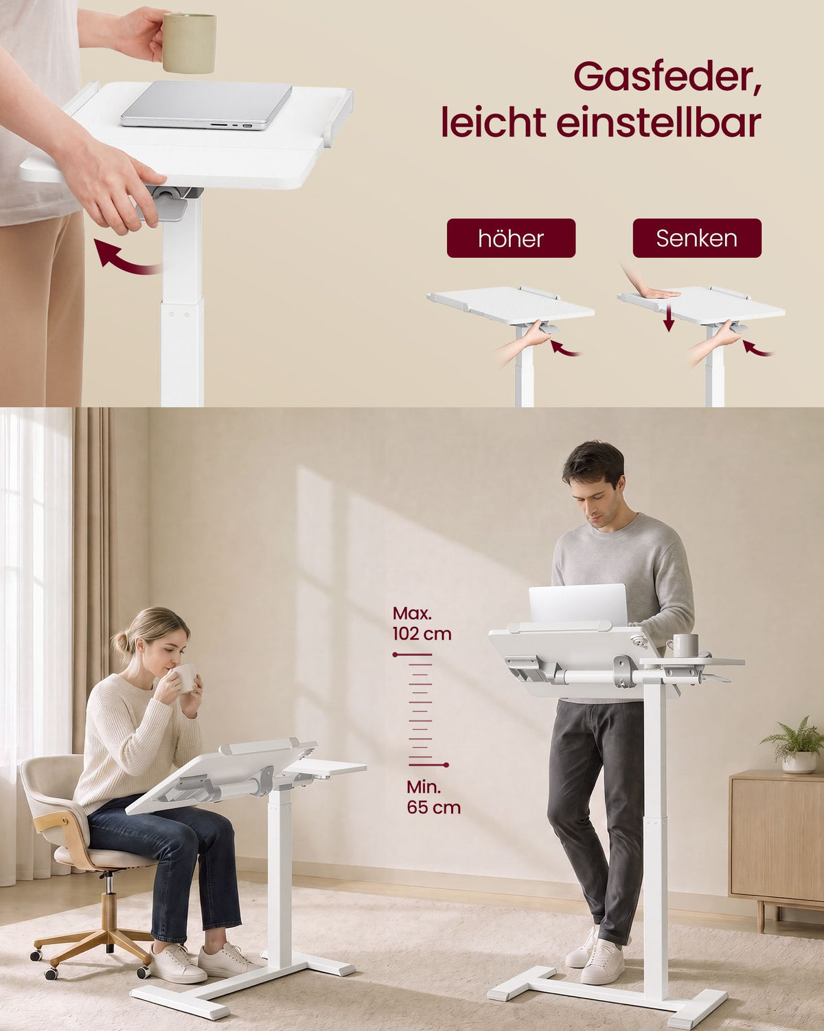 Laptoptafel op Wieltjes – Pneumatisch In Hoogte Verstelbaar – Kantelbaar – 70 x 40 cm – Wolkwit