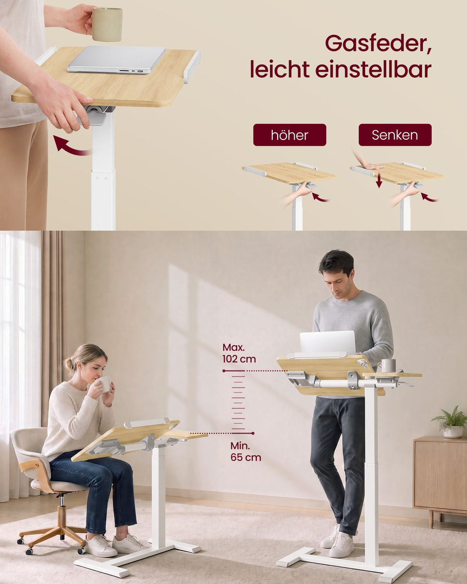 Laptoptafel op Wieltjes – Pneumatisch In Hoogte Verstelbaar – Kantelbaar – 70 x 40 cm – Eiken en Wit