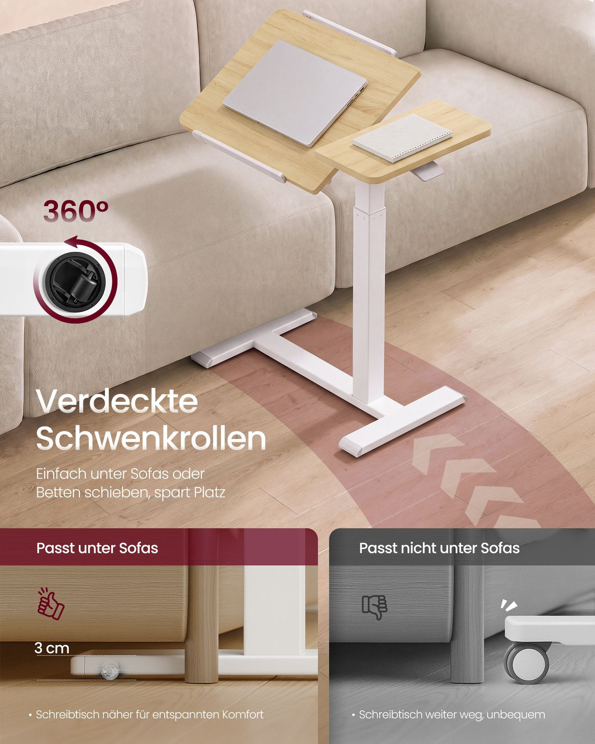 Laptoptafel op Wieltjes – Pneumatisch In Hoogte Verstelbaar – Kantelbaar – 70 x 40 cm – Eiken en Wit