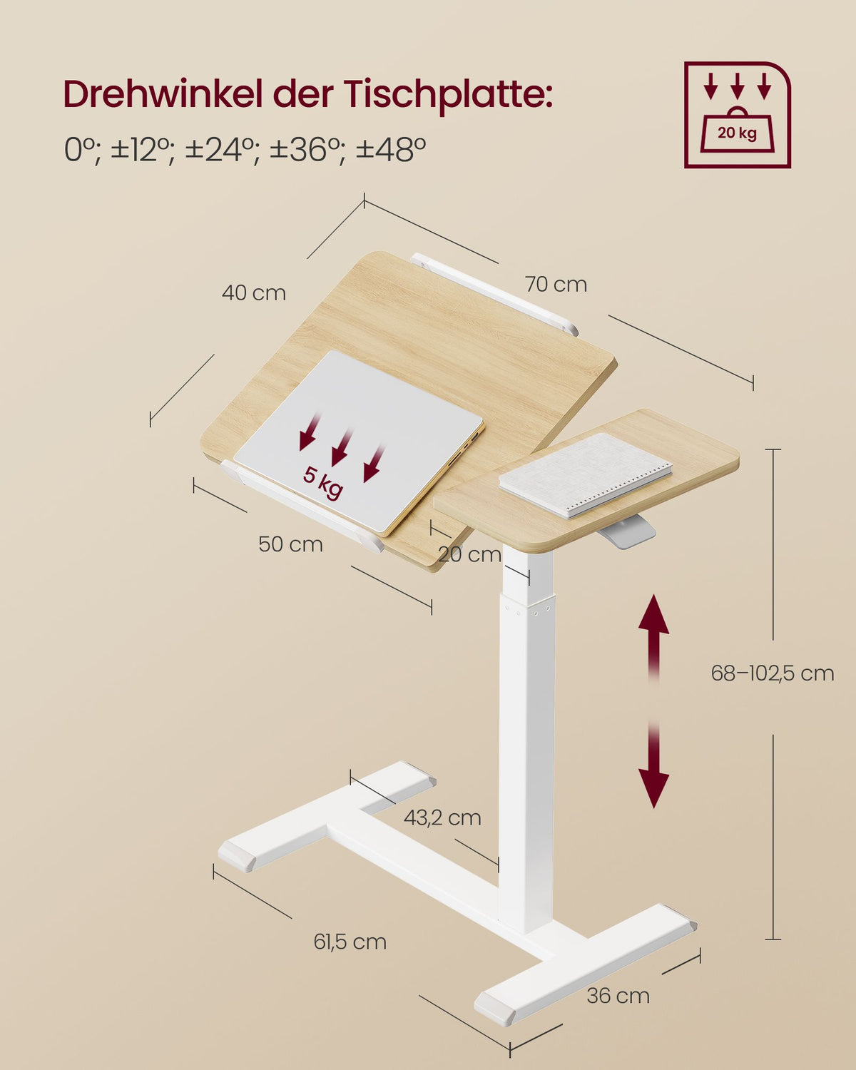 Laptoptafel op Wieltjes – Pneumatisch In Hoogte Verstelbaar – Kantelbaar – 70 x 40 cm – Eiken en Wit