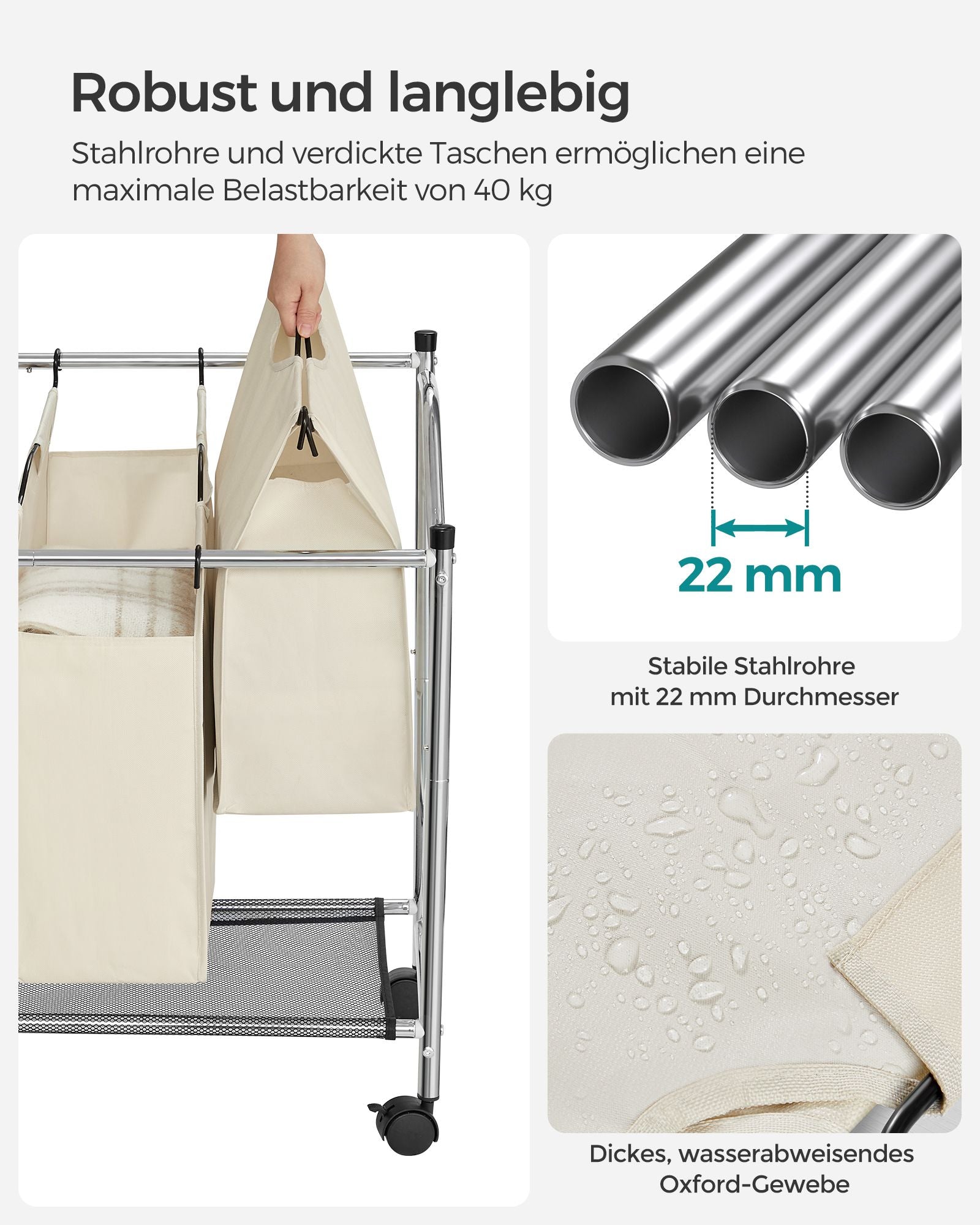 Wäschereikorb auf Rädern - 4 Waschbeutel - 4 x 35 Liter - Beige