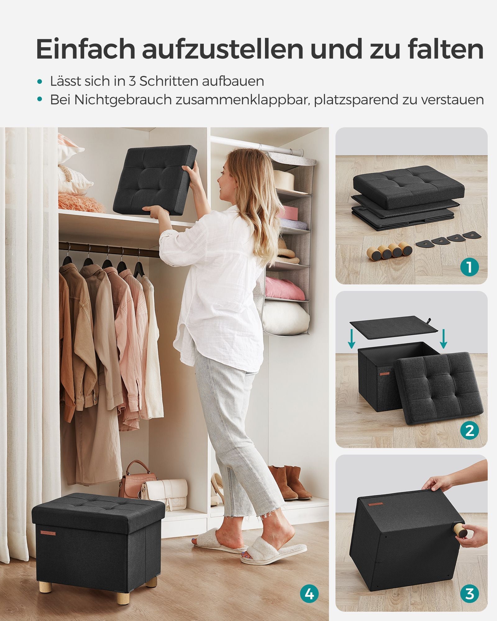 Bank - faltbar - mit Speicherplatz - 32 × 40 × 33,5 cm - schwarz