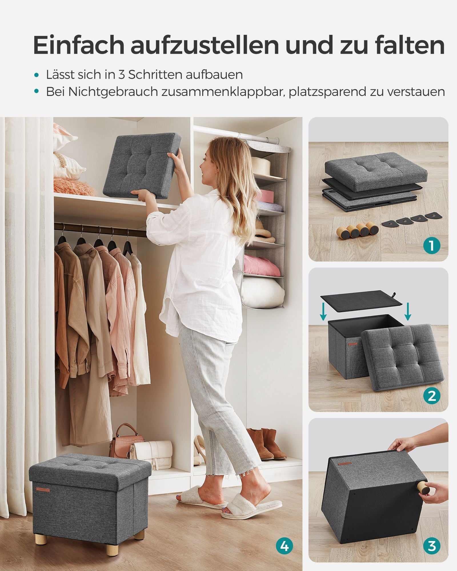 Bank - faltbar - mit Speicherplatz - 32 × 40 × 33,5 cm - dunkelgrau