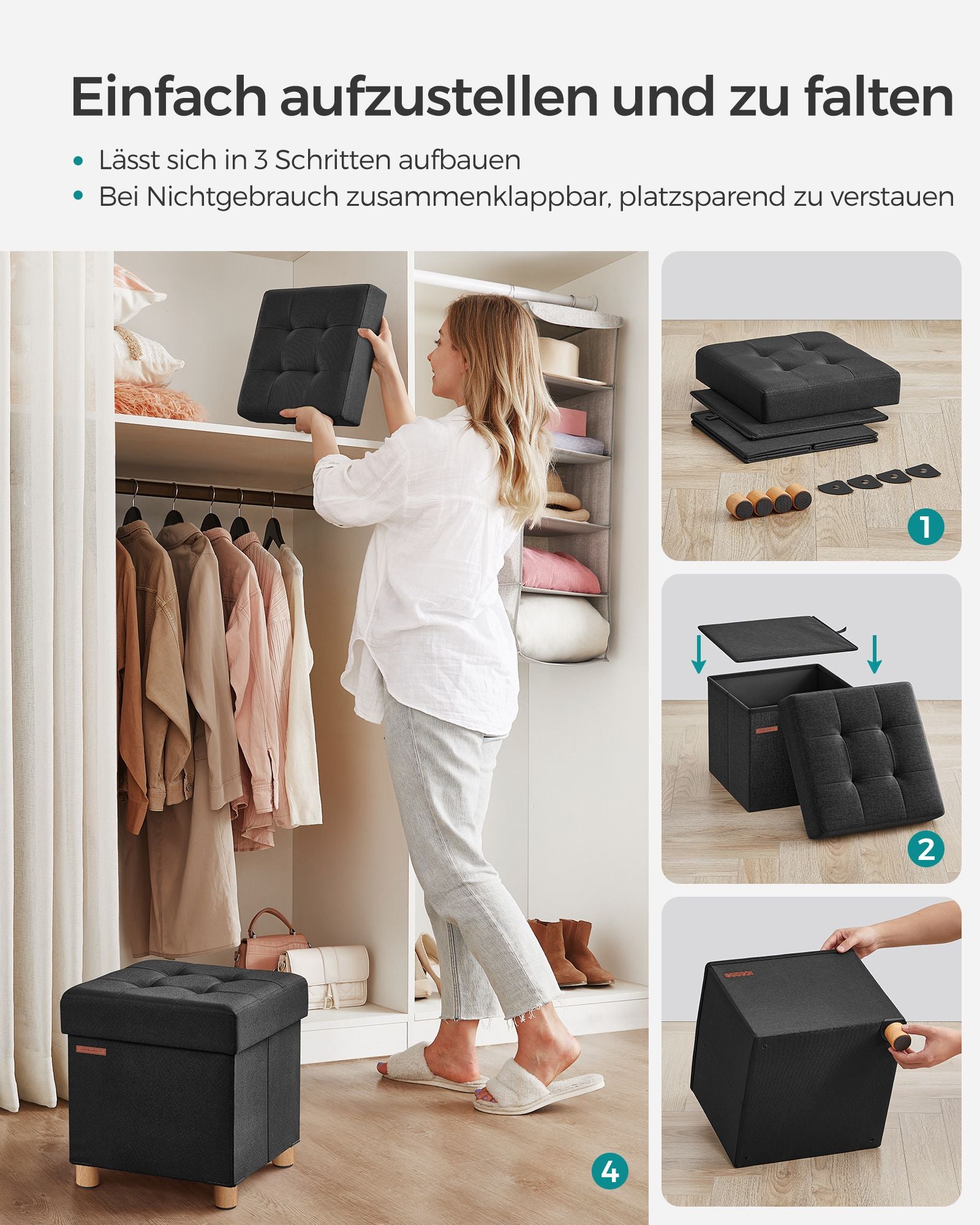 Bank - faltbar - mit Speicherplatz - 38 × 38 × 40 cm - schwarz