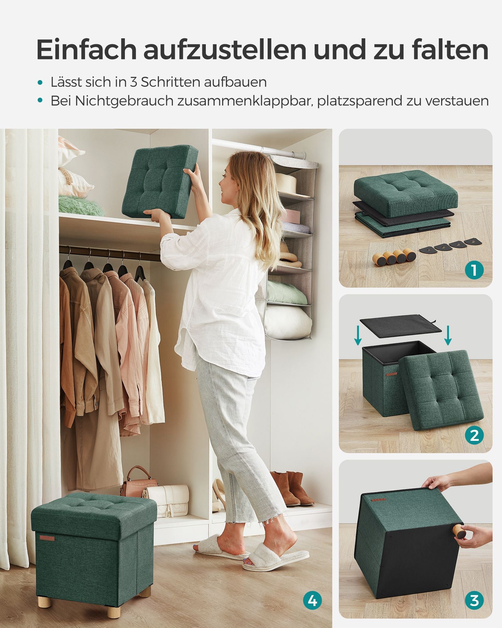 Bank - faltbar - mit Speicherplatz - 38 × 38 × 40 cm - Vintage Green