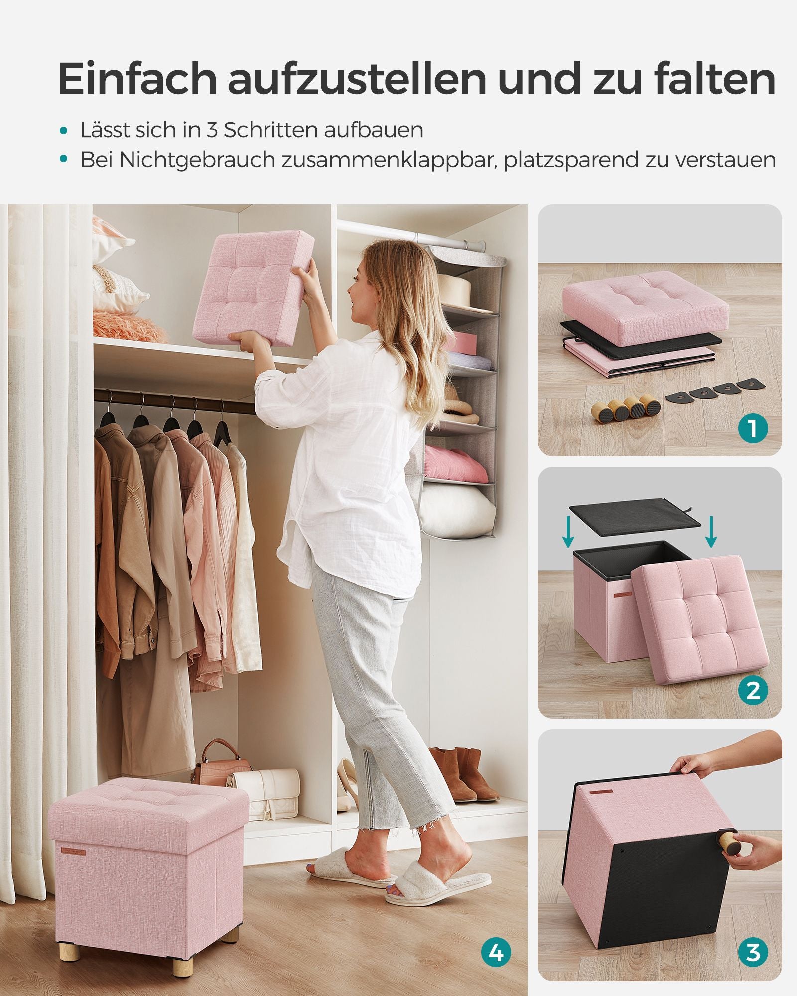 Bank - Faltung - mit Speicherplatz - 38 × 38 × 40 cm - Pastellrosa