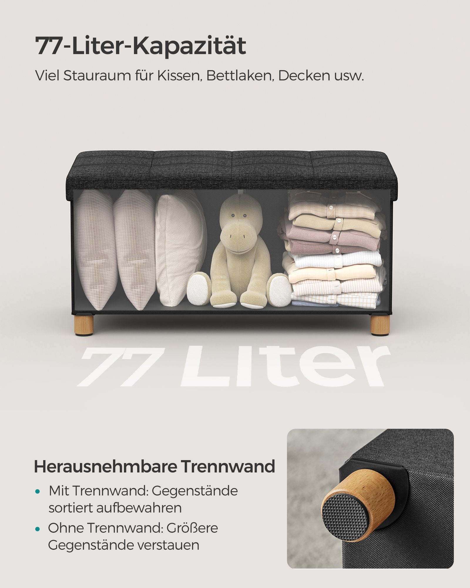 Bank - faltbar - mit Speicherplatz - 38 × 76 × 40 cm - schwarz
