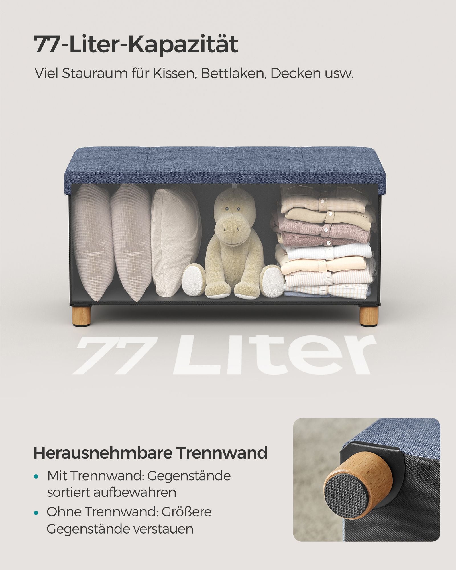 Bank - faltbar - mit Speicherplatz - 38 × 76 × 40 cm - helles Denimblau